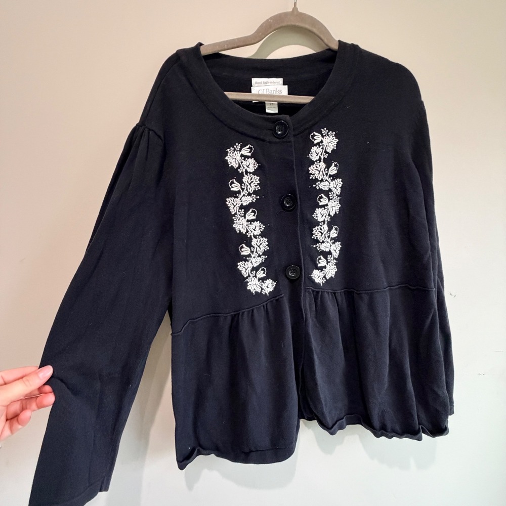 VTG CJ Banks Cardigan Sweater Women 2X Peplum Floral Embroidered Cottagecore